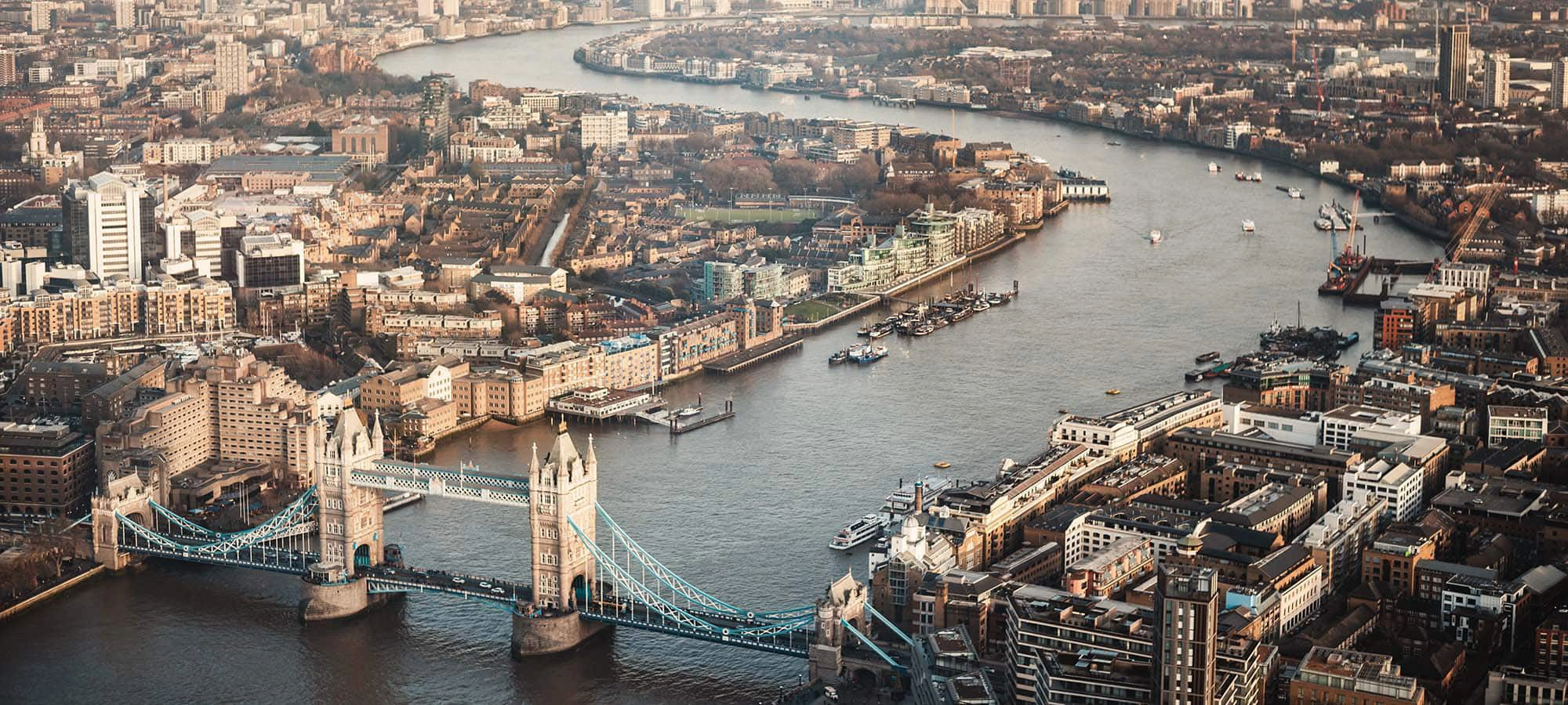 view of London from the sky featuring Tower Bridge