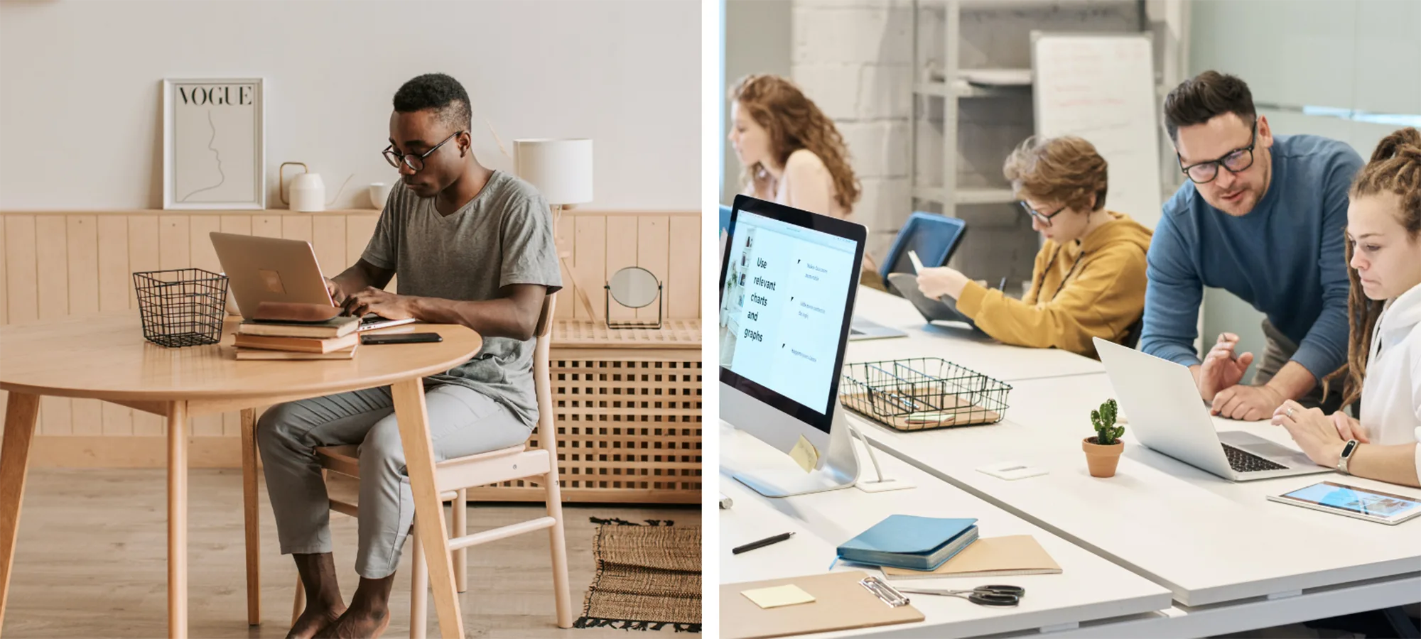 man working at home juxtaposed with a group of people working in the office
